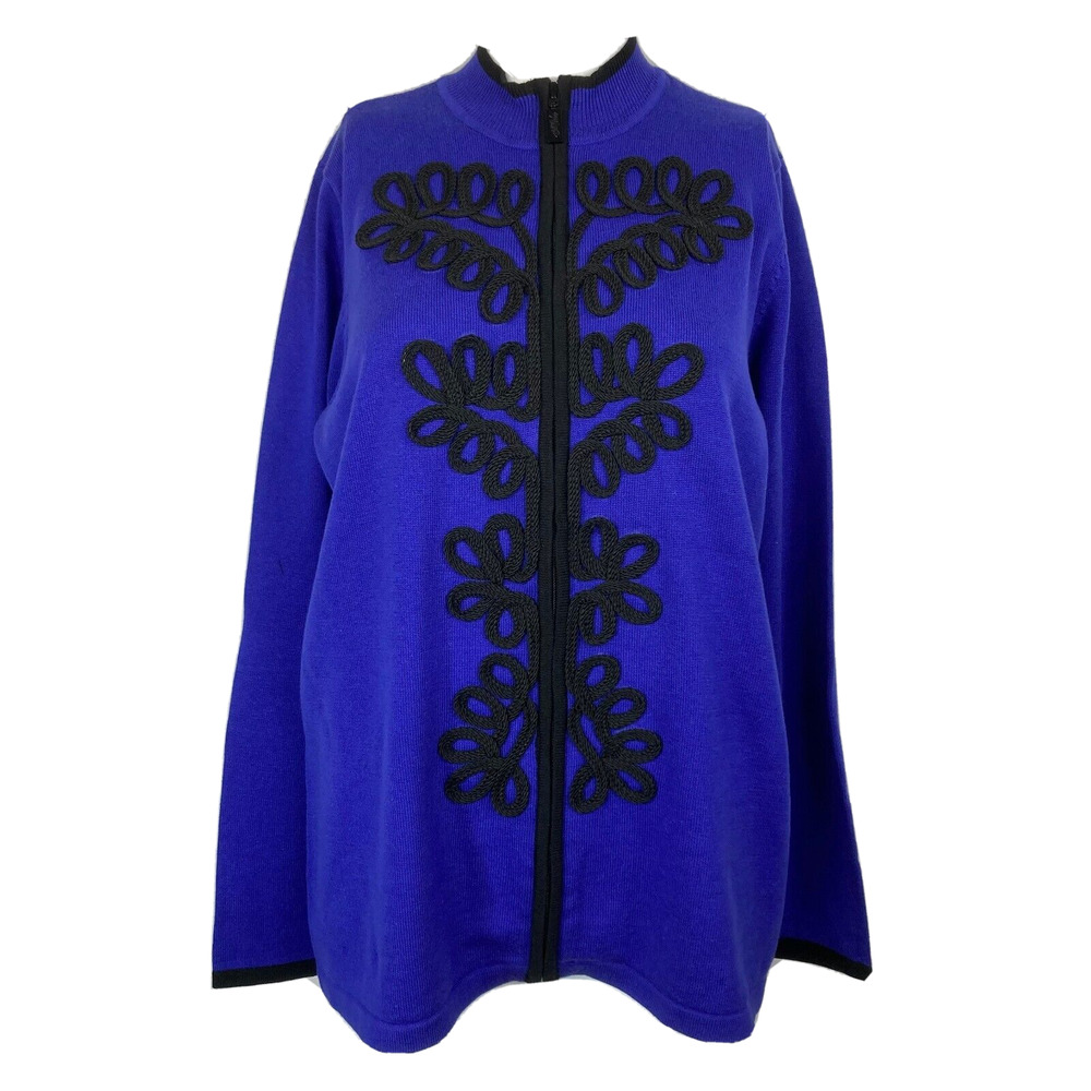 Bob Mackie Cardigan Womens Sz M Cobalt Blue Black Applique Cotton Knit Zip Front